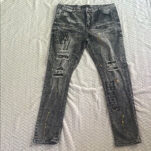 Encrypted Distressed Gray and Black Jeans with Yellow Accents